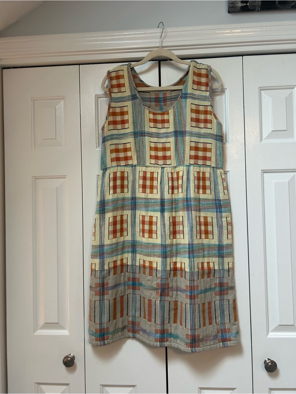 Ace & Jig Cream Plaid Sleeveless Cotton Dress with Rust and Blue Accents